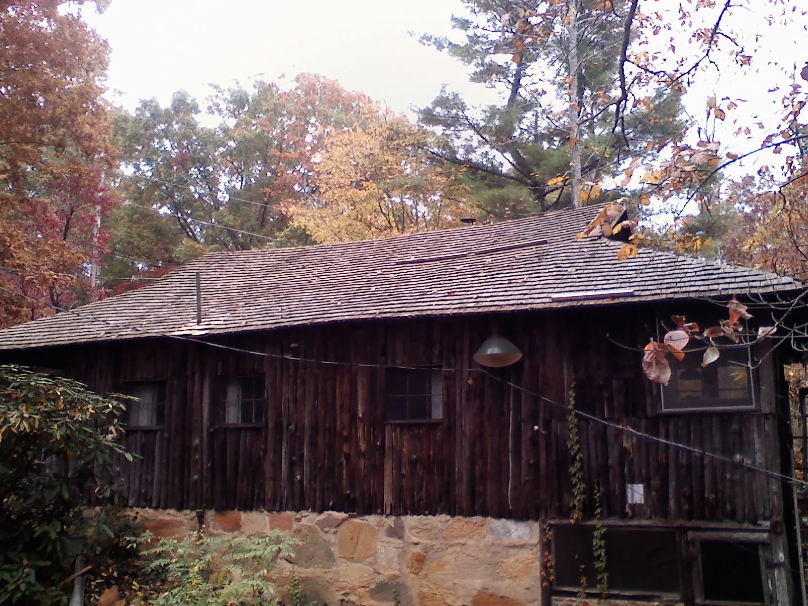 Weathered wood shake roof on a rustic board sided cabin in Bellbrook