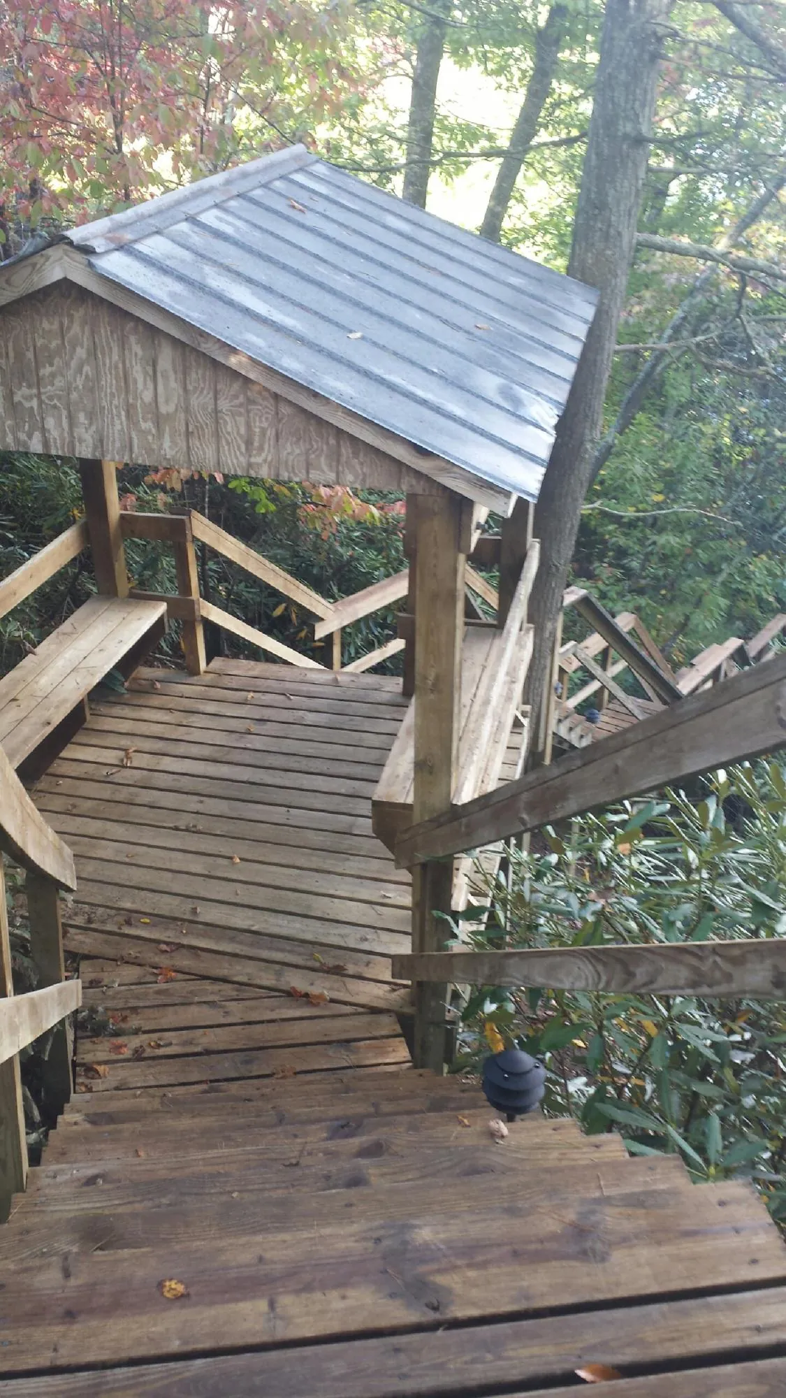 Metal roofed shelter over wooden steps on a wooded walkway — Skylight Repair & Installation work by our crew in Bellbrook